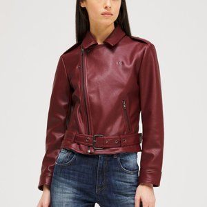 Sisley Women Burgundy Biker Jacket With Belt